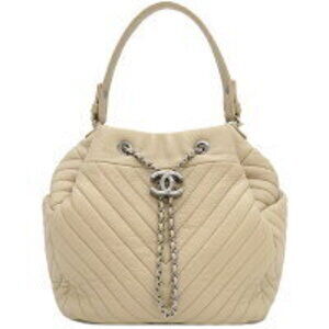 Chanel Chevron Drawstring Bag Beige Coco Mark V Chain Shoulder